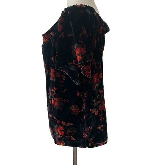 Loft Velvet On/Off the Shoulder Short Sleeve Floral Top Black Gold Orange LP - Picture 4 of 8